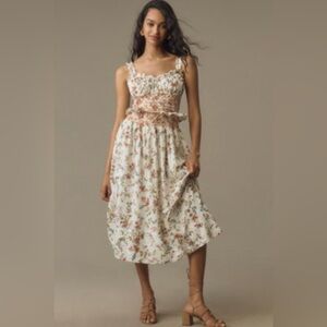 ANTHROPOLOGIE - Floral Cream and Pink Ruffled Midi Dress, Small